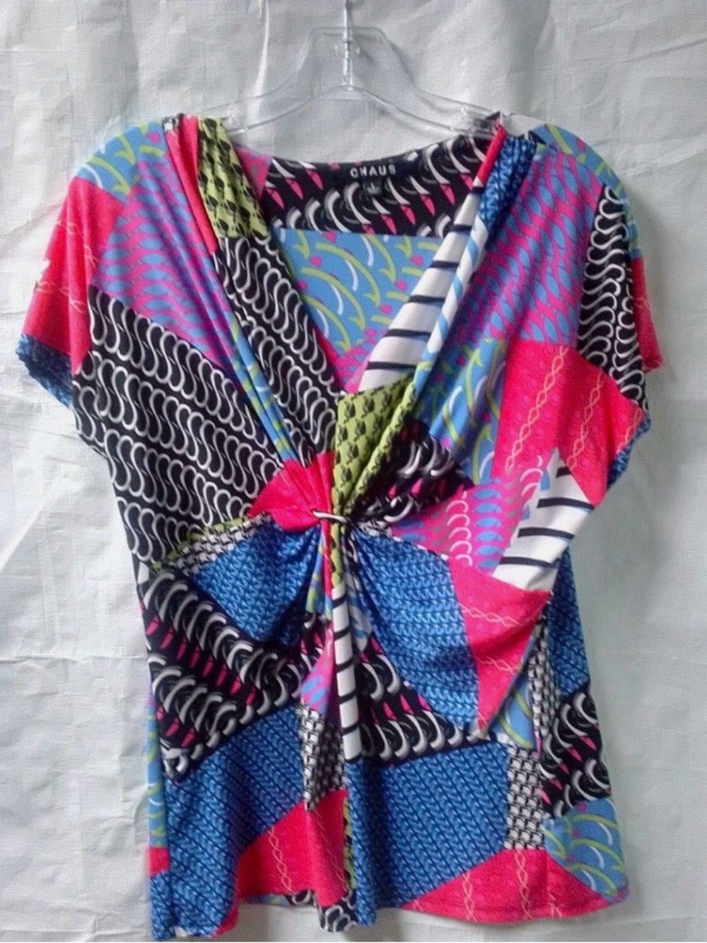 Chaus Multicolor Twist-Front V-Neck Blouse — Pink, Blue & Black